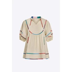 Cicy Bell Cream Babydoll Top Multicolor Ribbon Trim Puff Sleeve